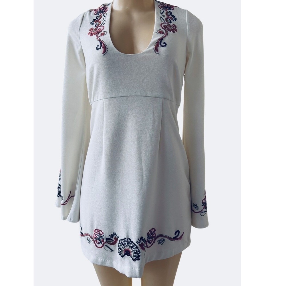 Free People Holiday Folk Mini Dress Womens 4 Ivory Embroidered Boho Festival
